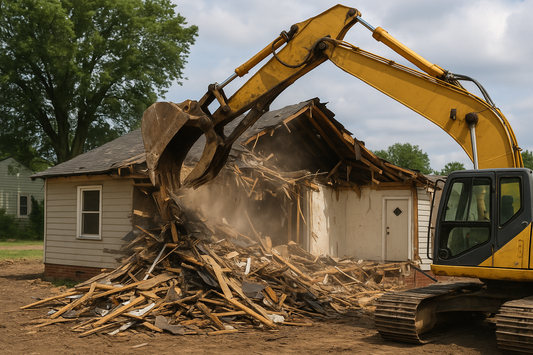 Realistic photo of an excavator tearing down a suburban house, with debris scattered around the site.