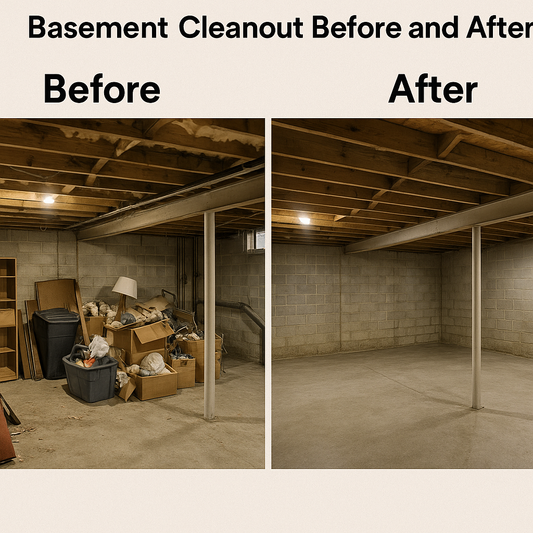 Side-by-side comparison of a cluttered basement full of junk next to a fully cleared, clean basement after professional cleanout by Organized Demolition