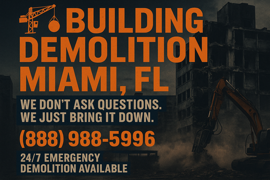 Gritty promotional image for building demolition services in Miami, Florida by Organized Demolition, featuring bold lettering and urban demolition backdrop.