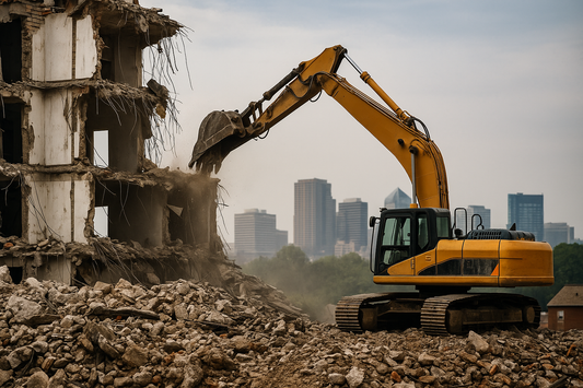 Realistic photo of building demolition in Fayetteville, NC with excavator.