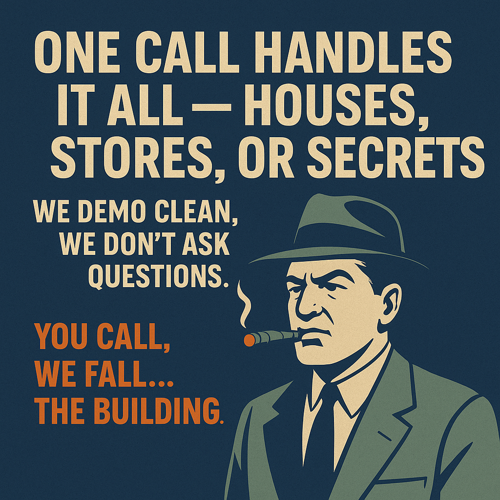 High Point, North Carolina Commercial demolition ad featuring a stern man in a fedora smoking a cigar with the bold text: “One call handles it all — houses, stores, or secrets. We demo clean, we don’t ask questions. You call, we fall... the building.”