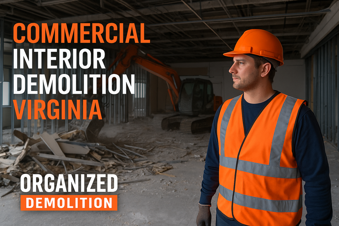 Alt Text: A realistic photo showing the Organized Demolition crew performing an interior commercial demolition job in Virginia, featuring workers removing drywall and debris.