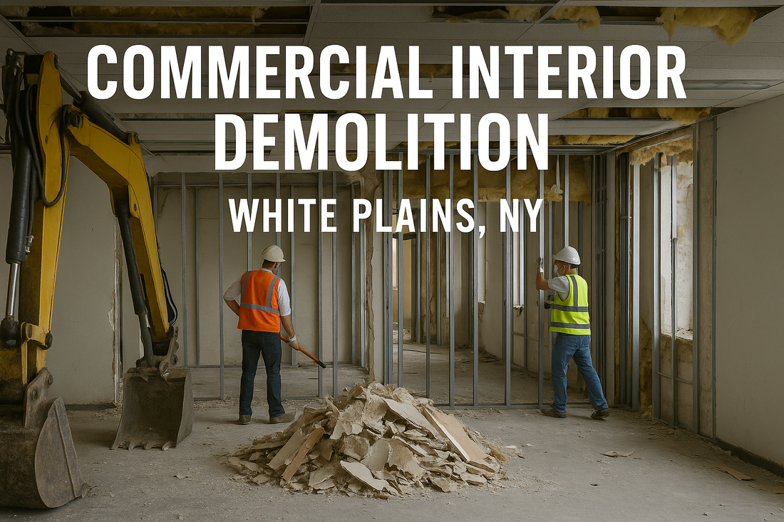 Interior demolition crew removing walls and fixtures inside a commercial property in White Plains, New York
