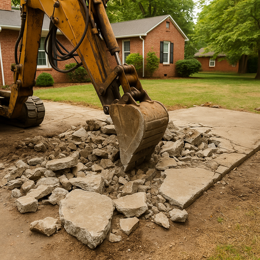 Yellow excavator breaking apart a concrete driveway in front of a red brick house.