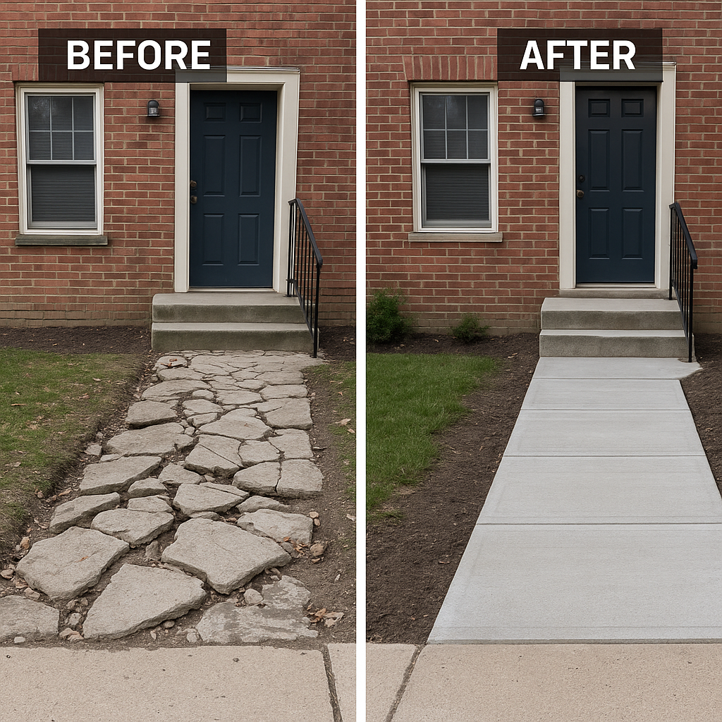Cracked and broken concrete walkway before removal next to a freshly poured, smooth concrete path in front of a brick home