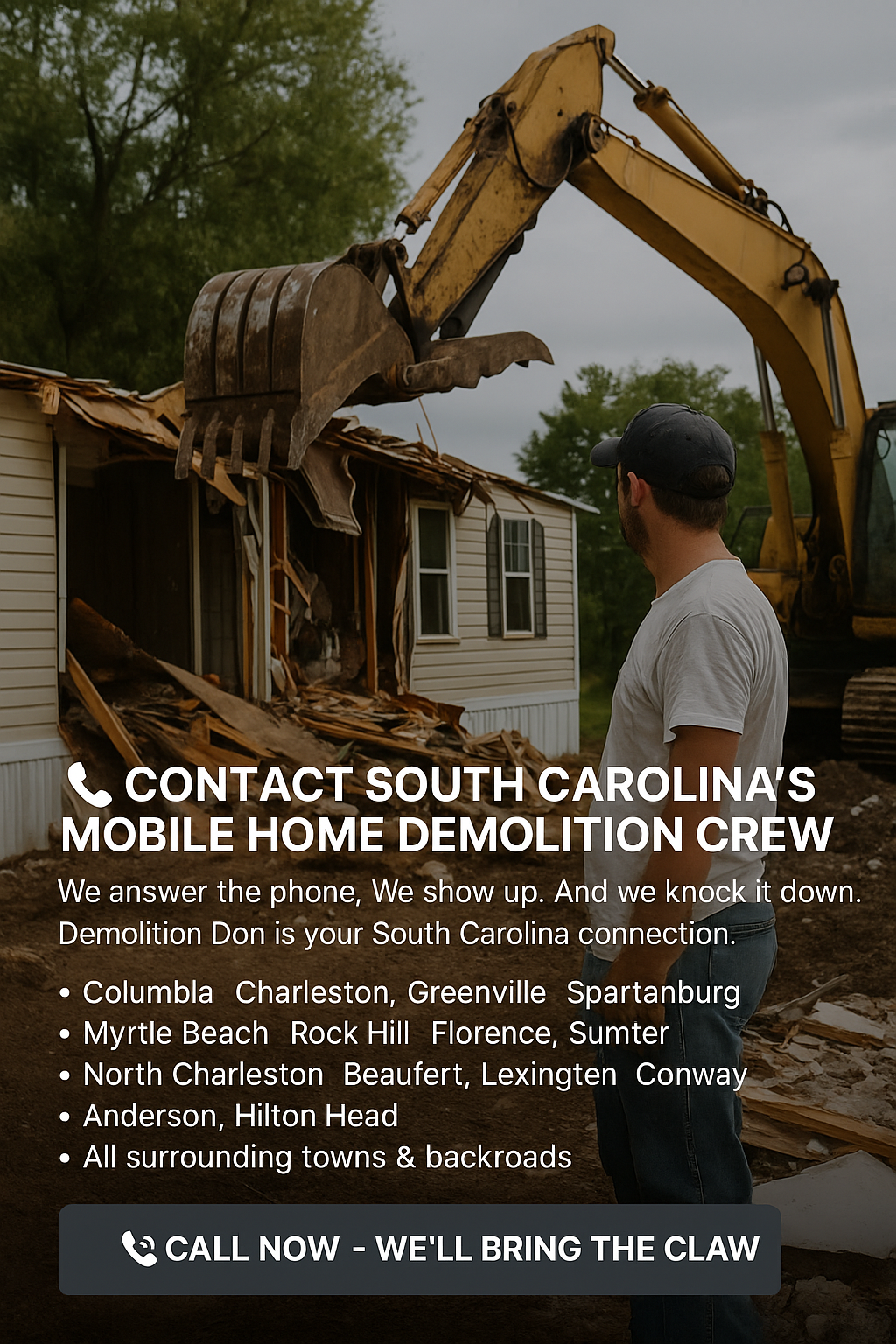 A digital graphic showing Demolition Don’s contact number with South Carolina map and major cities like Columbia and Charleston.