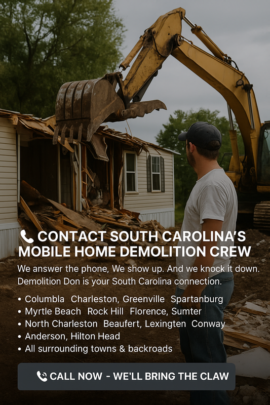 A digital graphic showing Demolition Don’s contact number with South Carolina map and major cities like Columbia and Charleston.
