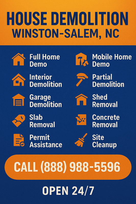 Promotional graphic for Organized Demolition’s house demolition services in Winston-Salem, NC. Features icons and bold text for services like full home demo, interior demo, concrete removal, and site cleanup, with a large orange call-to-action button.