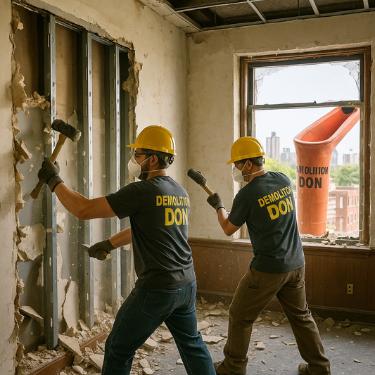 Two Demolition Don workers wearing hard hats, masks, safety glasses, and gloves using sledgehammers to remove drywall from metal studs in a Bronx commercial interior, with debris on the floor and a debris chute visible through a broken window.