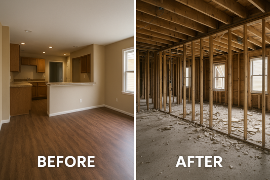 Side-by-side image showing a stripped-down interior room before and after a professional demolition with a clean, debris-free floor
