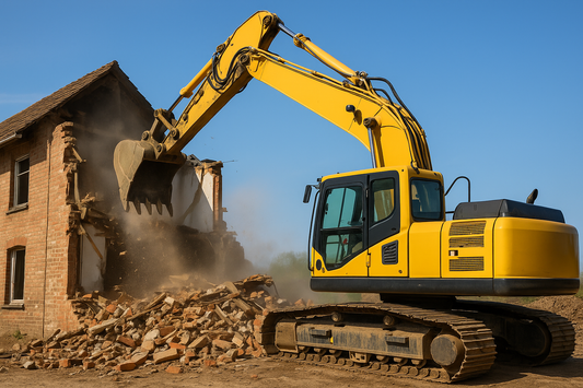 Yellow excavator demolishing a mobile home during the day in Apex, North Carolina