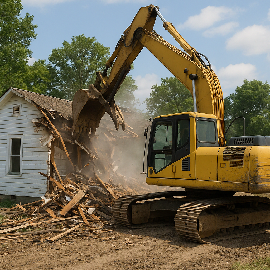 Yellow excavator demolishing a white house in North Carolina with debris scattered around
