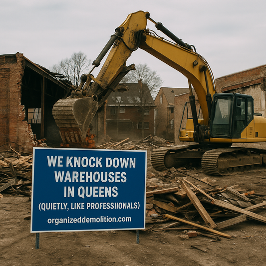 An excavator tears down a steel and brick warehouse in Queens, NY. A construction crew works in the background while a blue “Organized Demolition” banner hangs on fencing.