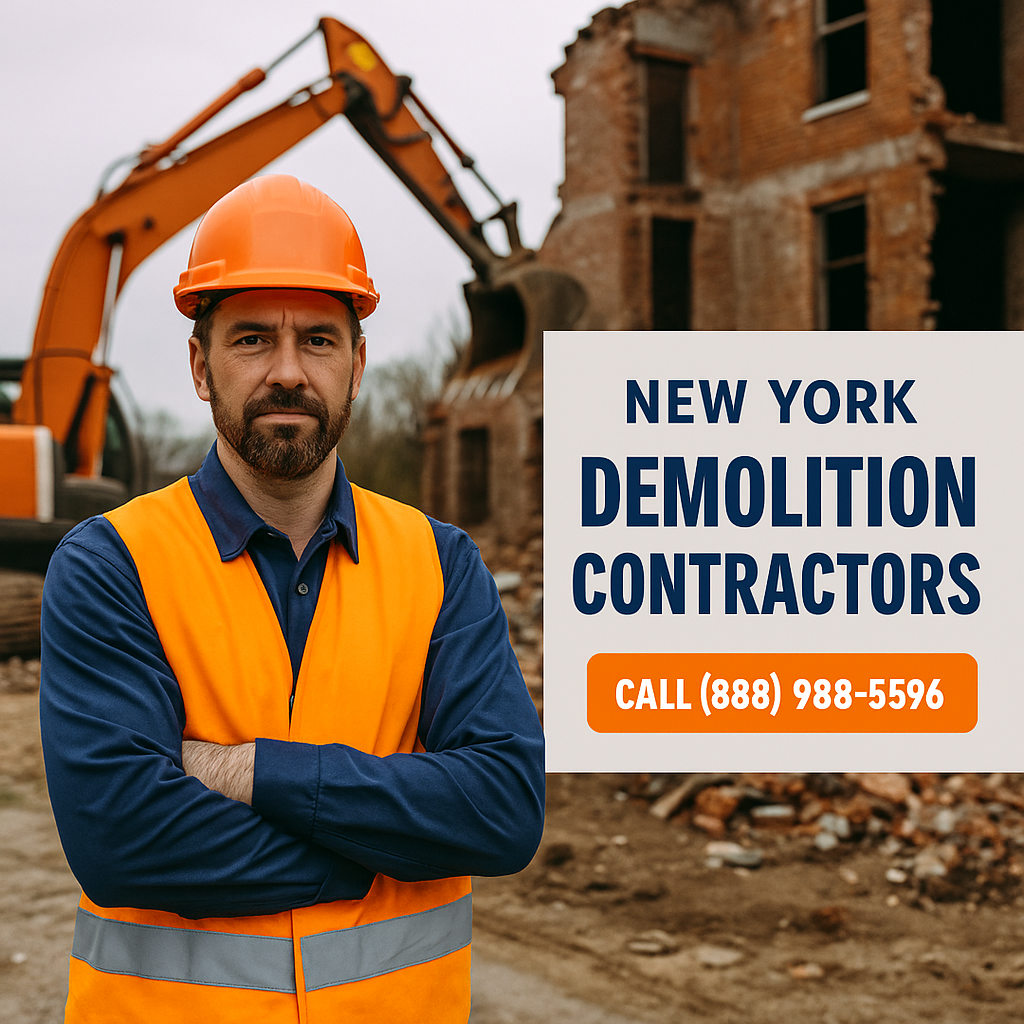 A demolition crew in orange safety gear operates heavy machinery on a site in New York, with bold blue and orange branding for Organized Demolition.