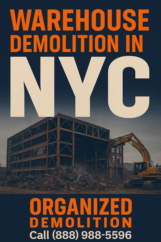Realistic digital graphic showcasing Organized Demolition’s warehouse demolition services in New York City
