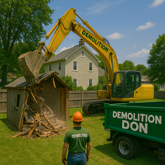 A yellow excavator from Demolition Don tearing down a small wooden backyard shed in Winston Salem, North Carolina, with debris falling into a green Demolition Don dump truck and a worker in safety gear watching.