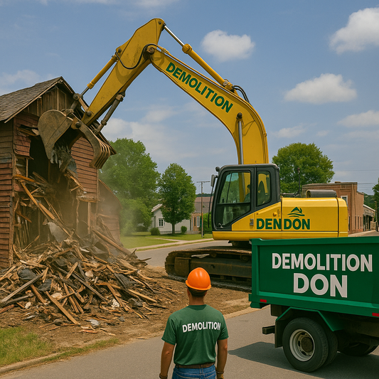 Yellow Demolition Don excavator ripping into a wooden building in Winton, NC, with a Demolition Don dump truck and a worker in an orange hard hat observing the demolition under a blue sky.