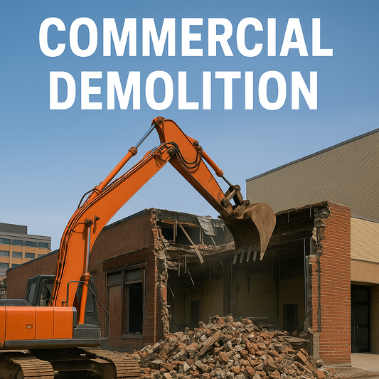 Orange excavator tearing down a two-story brick commercial building in Yonkers with rubble scattered on the ground
