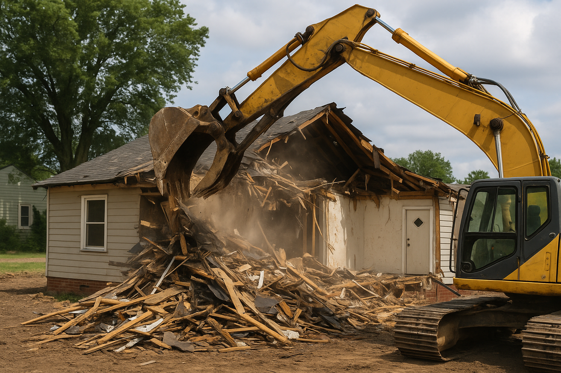 Realistic photo of an excavator tearing down a suburban house, with debris scattered around the site.
