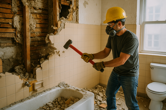 A construction worker in safety gear uses a sledgehammer to demolish an old tiled bathroom wall in Yonkers, NY, with broken tile and debris around a bathtub.