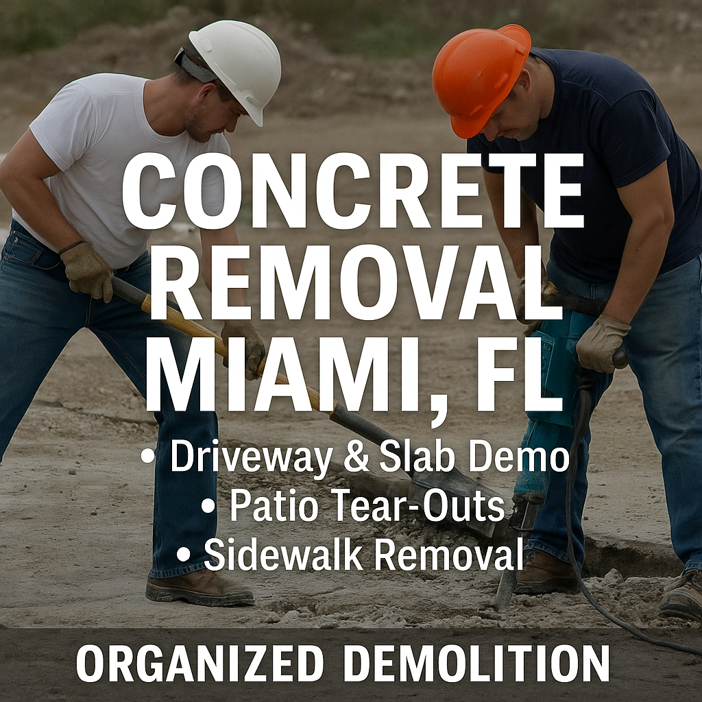 Two demolition workers removing concrete with tools as bold white text promotes concrete removal services in Miami, Florida.