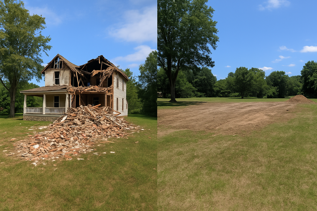 Side-by-side comparison of a house being demolished and the cleared land after removal by Organized Demolition