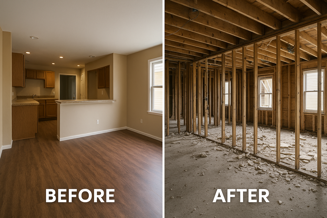 Side-by-side image showing a stripped-down interior room before and after a professional demolition with a clean, debris-free floor