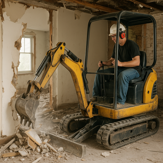 Construction worker operating a mini excavator during interior demolition of a home.
