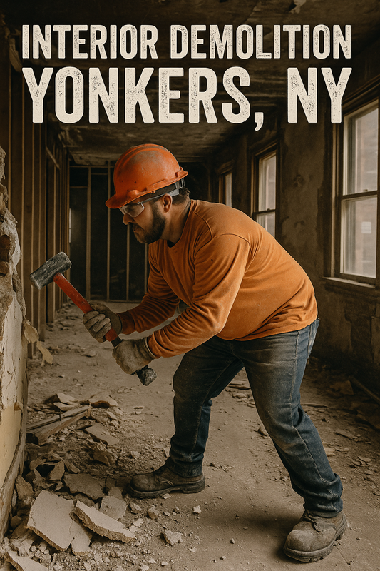 Construction worker in Yonkers NY performing interior demolition inside a gutted building with exposed studs and debris.