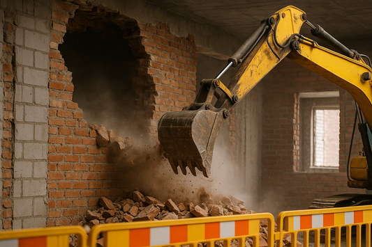 A realistic scene of masonry demolition inside a building in Poughkeepsie, New York