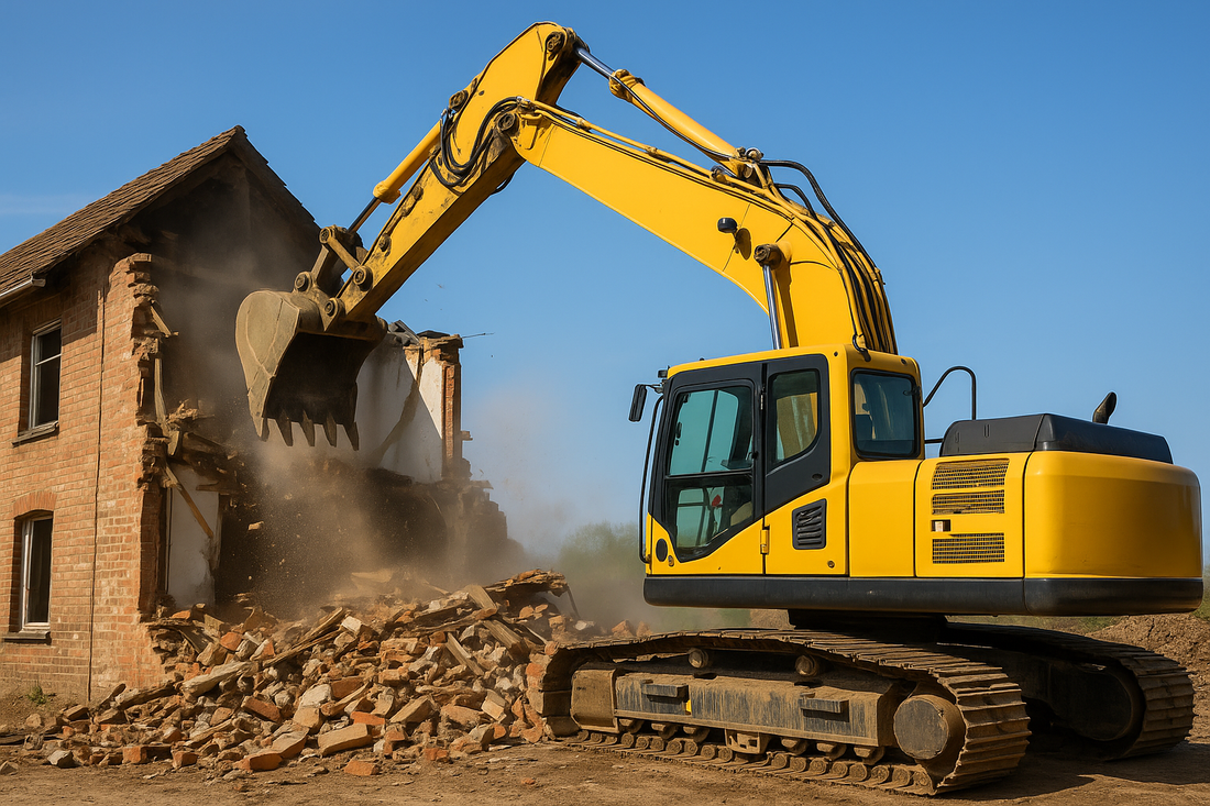 Yellow excavator demolishing a mobile home during the day in Apex, North Carolina