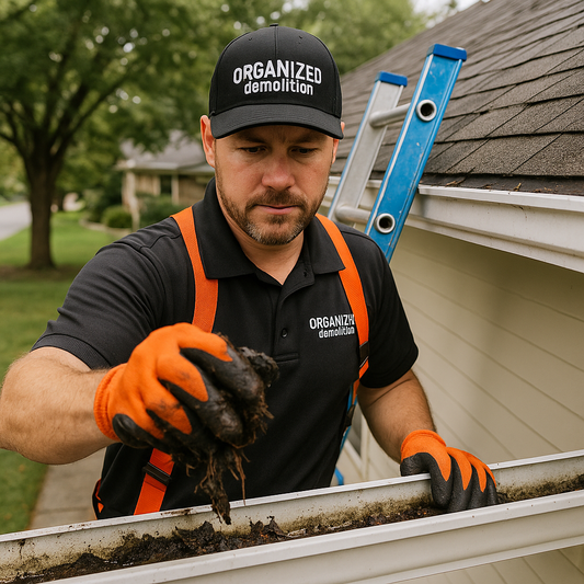 worker cleaning a residential gutter for $300.