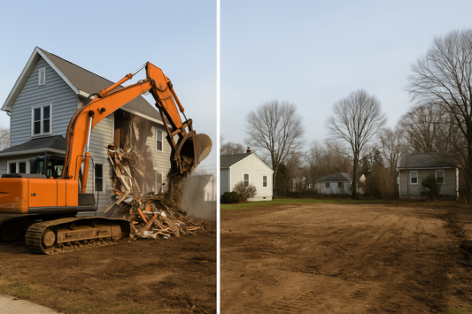 Excavator demolishing a house in Rye, NY with a cleared lot shown after.
