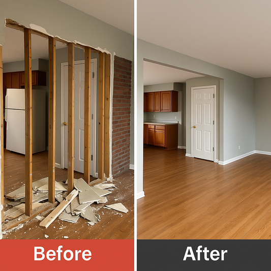 Side-by-side before and after photo of an interior demolition project in Poughkeepsie, NY showing removed walls, exposed framing, and a clean renovation-ready space.
