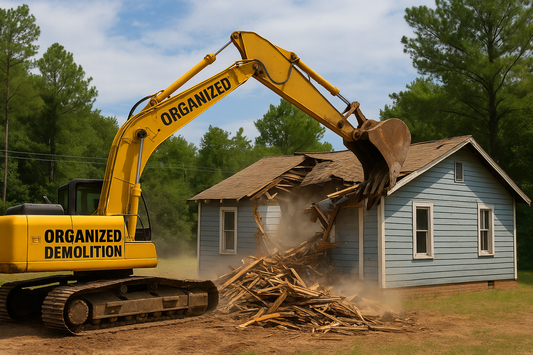 Excavator from Organized Demolition tearing down a blue house in Taylortown NC with debris falling and trees in background