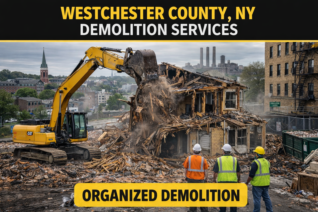 Westchester County NY demolition services by Organized Demolition featuring excavator tearing down residential structure