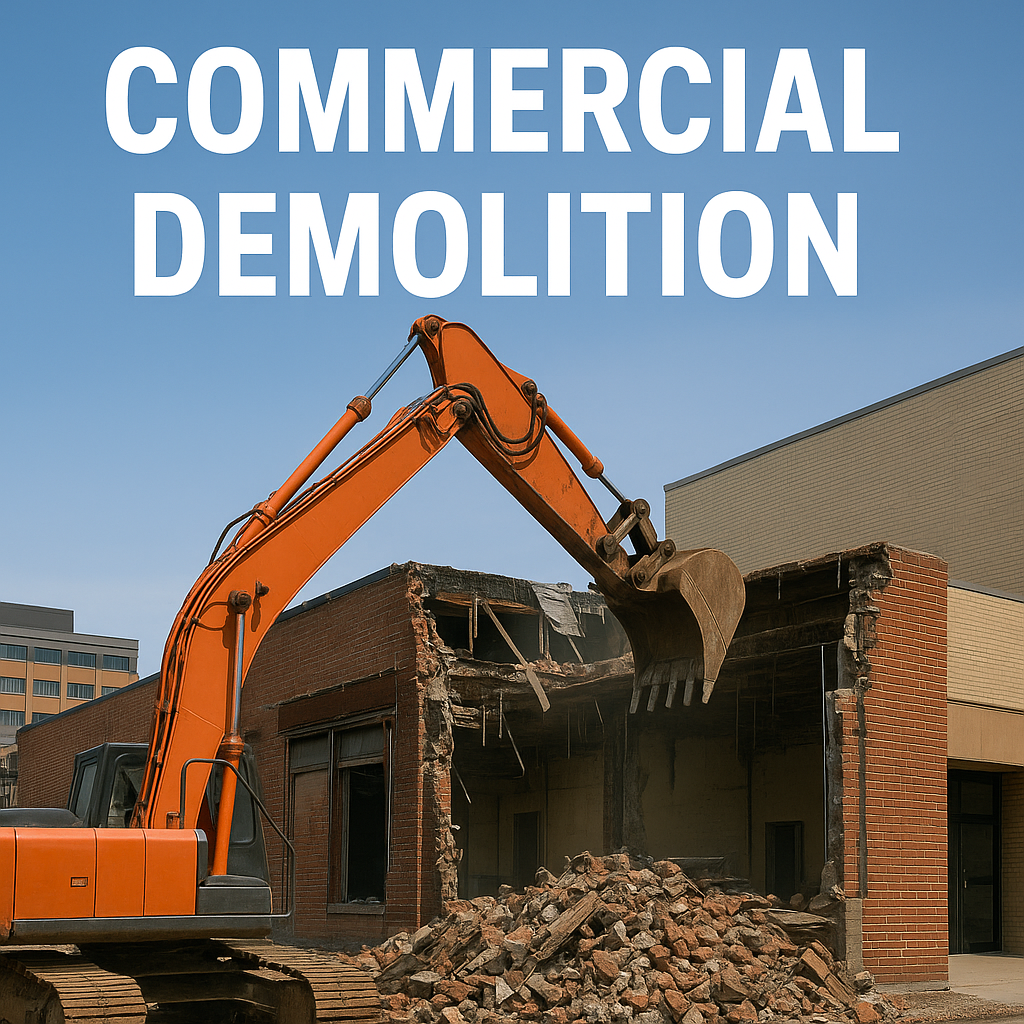 Orange excavator tearing down a two-story brick commercial building in Yonkers with rubble scattered on the ground
