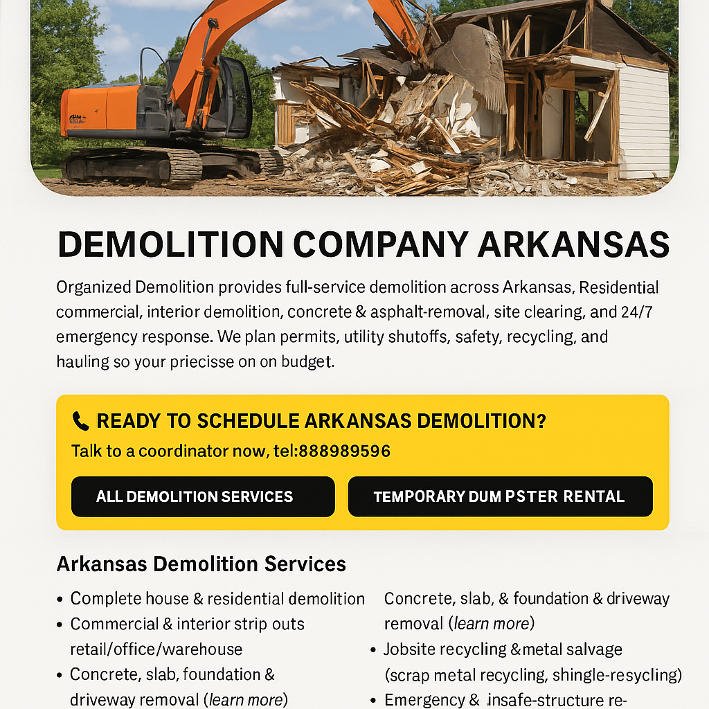 Excavator demolishing a residential building in Arkansas with Organized Demolition crew on site.