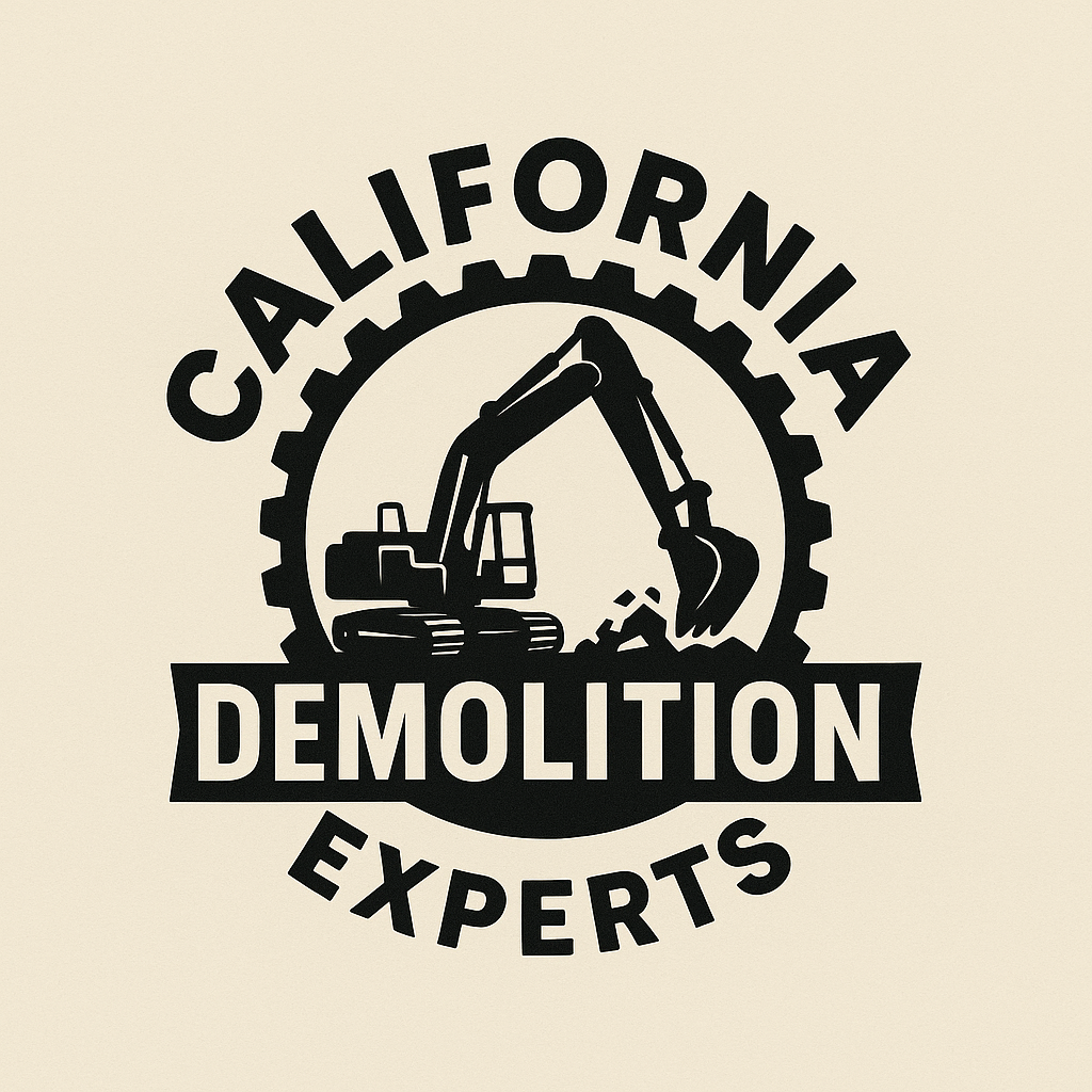 Logo for California Demolition Experts featuring an excavator inside a gear with bold text.