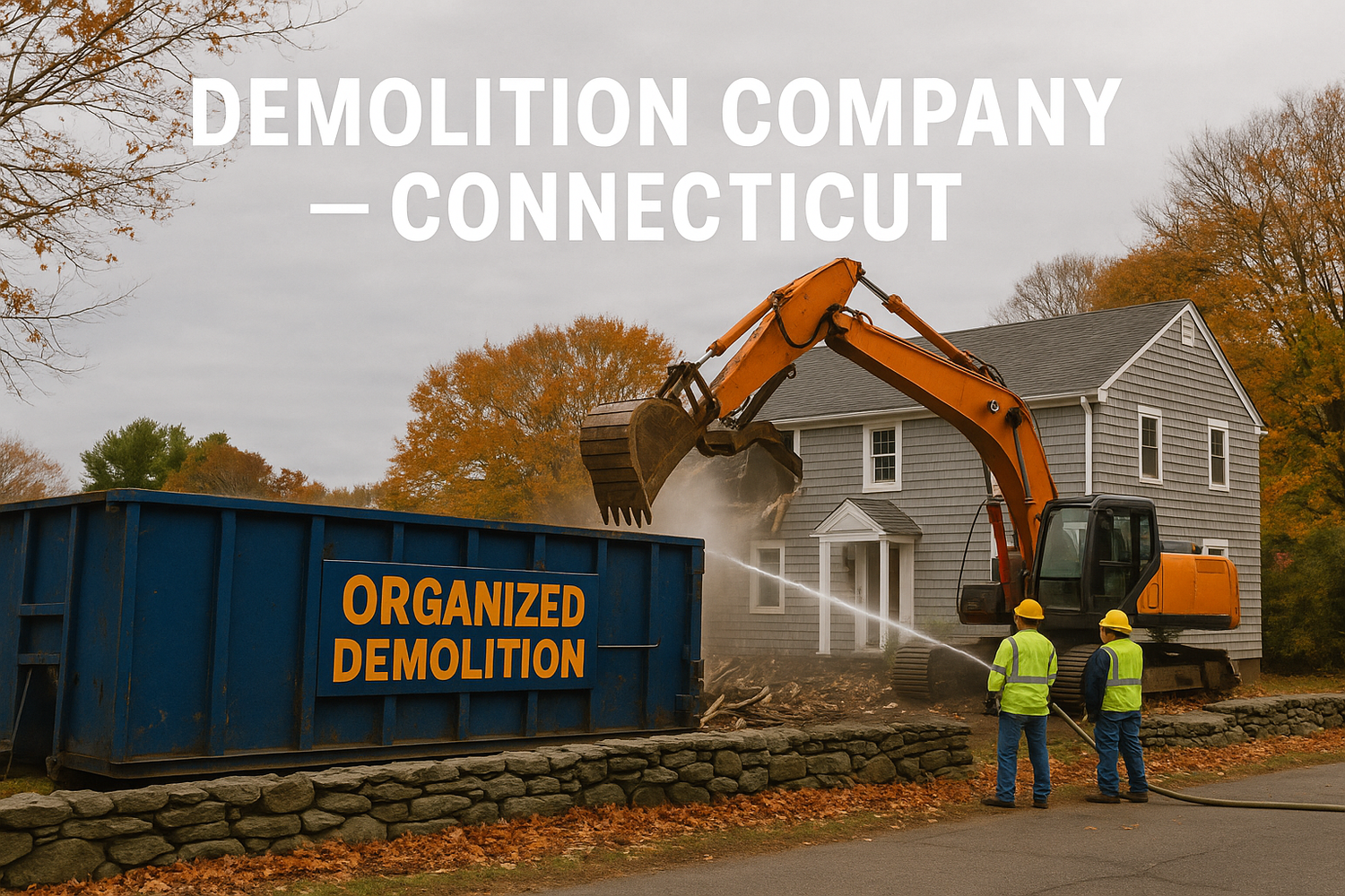 Excavator tearing down a New England style house in Connecticut with Organized Demolition crew in safety vests.