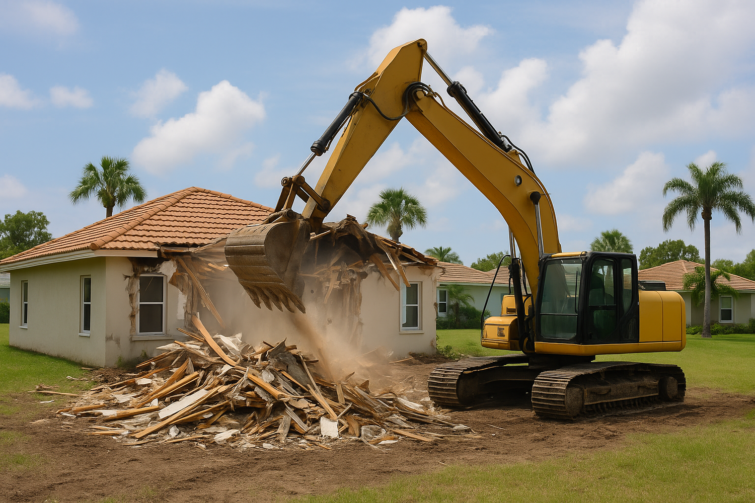 Yellow excavator demolishing a Florida stucco home with palm trees in the background during a residential demolition project