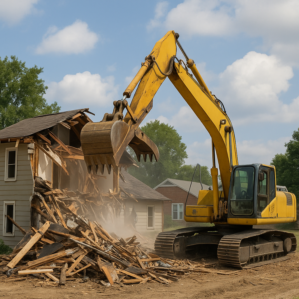 Excavator tearing down a two-story home during a residential demolition in Georgia with brick houses and trees nearby