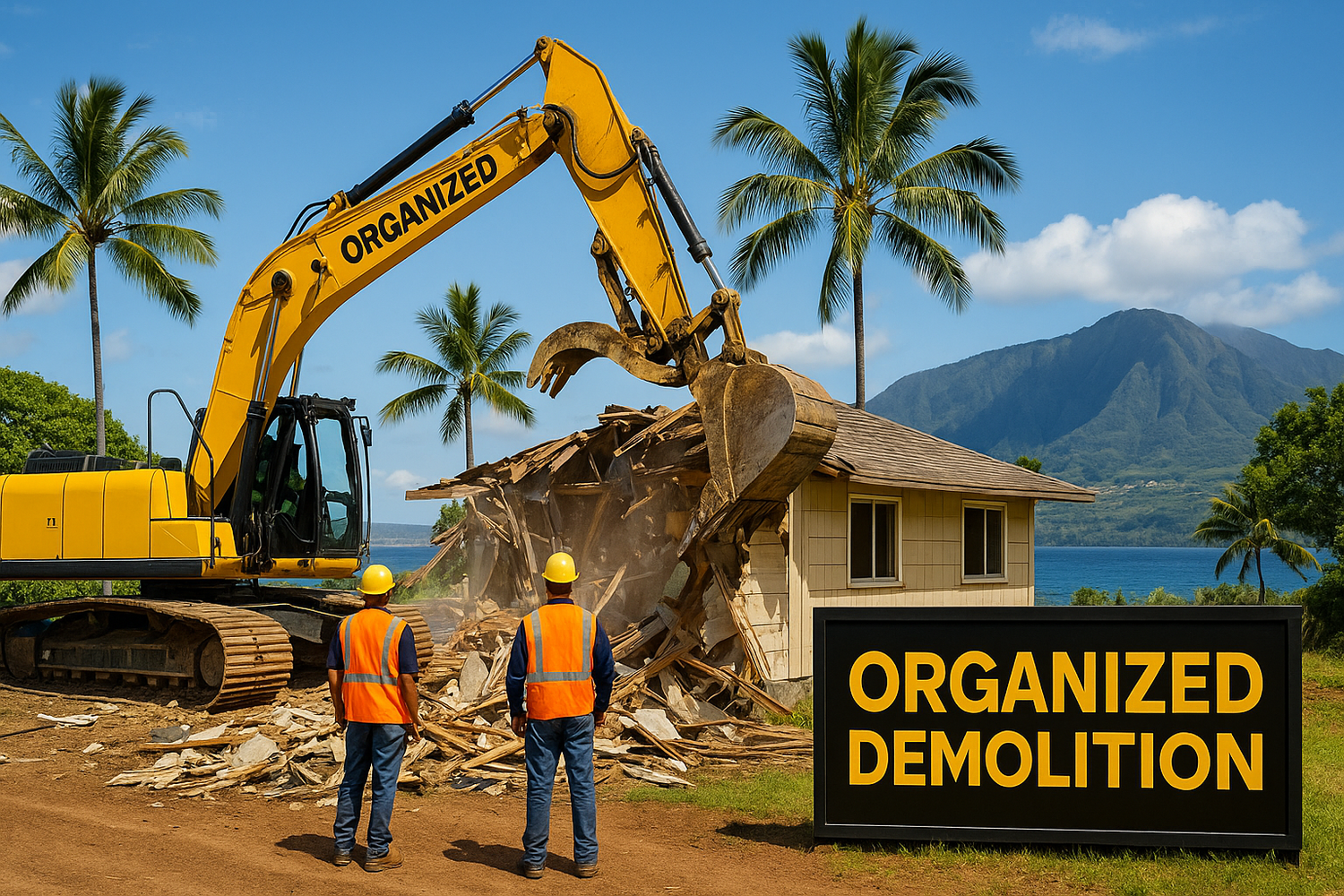Excavator peeling back a Hawaii bungalow as palm trees sway—Organized Demolition crew guides the teardown.