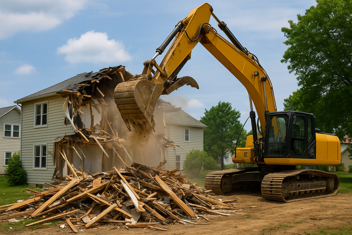 Yellow excavator tearing down a suburban house during a residential demolition project in Delaware