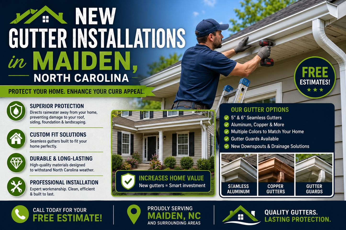 Leaves, pine needles, roof grit, branches, storm debris, and damaged downspouts around Maiden can turn a small gutter problem into a water problem.