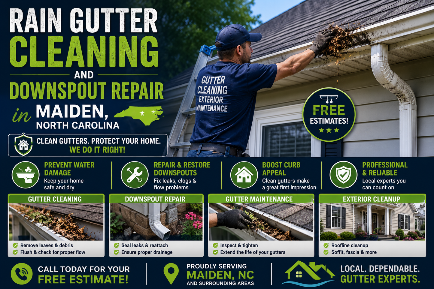 Organized Demolition helps customers searching for gutter cleaning near me, rain gutter cleaning, clogged gutter service, downspout cleaning, leaf removal, pine needle removal, roofline debris cleanup, and exterior maintenance in Maiden and surrounding North Carolina areas.